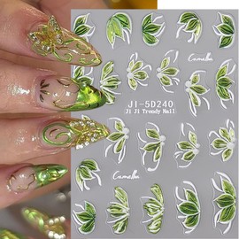 2 Sheets Spring Nail Art Stickers 5D Embossed with Peals Green Camellia Flower Nail Decals Self Adhesive Bronzing Green Leaf Flower Design Spring Summer Nail Stickers for Women DIY Salon Manicure