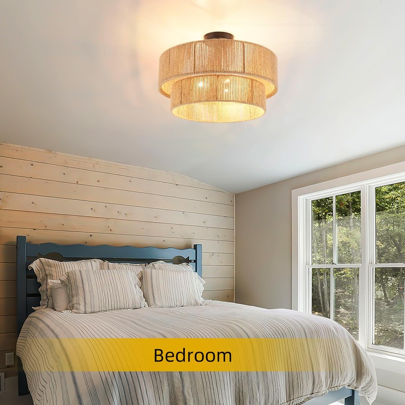 Fenluster Boho Semi Flush Mount Ceiling Light Rattan Ceiling Light