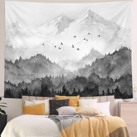 kampdream Mountain Forest Tapestry, Misty Foggy Black and White Tree Landscape Watercolor Art Wall Tapestries, Nature Scenery Tapestry for Bedroom Living Room Backdrop 36×48 inch