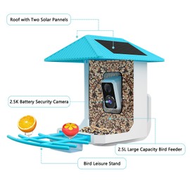2.5K Smart Bird Feeder with Camera, Birds Watching Camera with AI Identify Bird Species, Outdoor Birds Feeder House with Solar Panel for Bird Buddy & Bird Lover (Blue)
