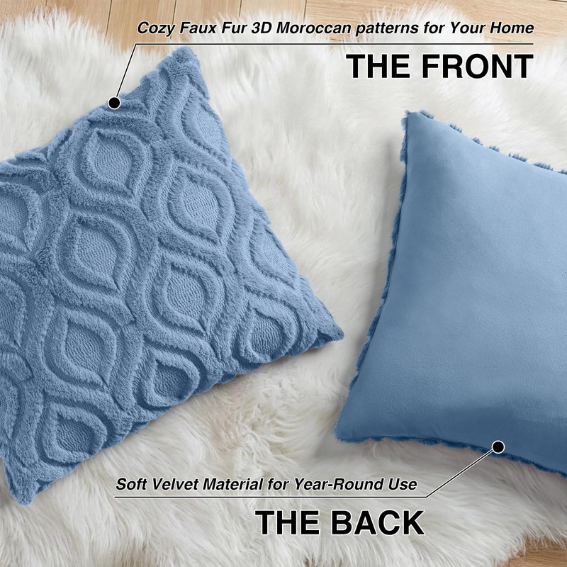 Faux Fur Plush Soft Blue Throw Pillow Covers 18x18 Set