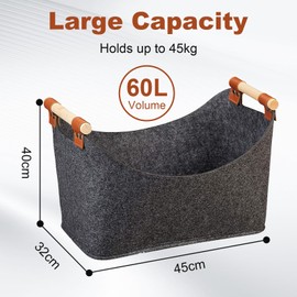 Janety Wood Basket for Firewood, 60 L Extra Thick Fireplace Wood Basket, Basket for Fireplace Wood with Reinforced Wooden Handle, Foldable Felt Basket for Shopping Bags, Wood, Newspapers, 45 x 32 x 40