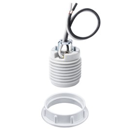 DiCUNO Medium Base E26 Ceramic Light Threaded Socket with White Shade Ring, Standard Screw-in Light Bulb Socket, UL Listed Porcelain Pre-Wired Lead 6 Inches Lamp Holder for Halogen LED Bulb, 1 Pack