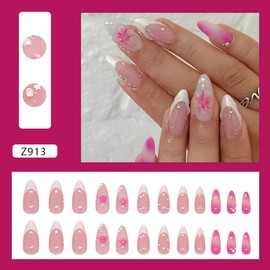 White French Press on Nails Short Almond ZWENJIE Pink Fake Nails Nude False Nails with Pearl Rhinestone Flowers Design Full Cover Gel Acrylic Nails Glossy Glue on Nails for Women 24 Pcs