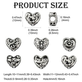 Ipotkitt 6pcs 6 Styles Heart Themed Stainless Steel Beads Large Hole European Beads Antique Silver Love Ornaments for DIY Craft Bracelet Pen Jewelry Making