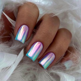 Ceboic 24Pcs Square False Nails Short, French Stick on Nails Blue Purple Gradient Cute Ballerina Press on Nails with Elegant Design, Acrylic Reusable Glue on Nails for Women Girls DIY Manicure