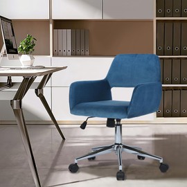 FurnitureR Home Office Chair, Mid Back Velvet Upholstered Vanity Desk Chairs with Rolling Wheels, Adjustable Task Chair for Living Room, Bedroom, Make-up, Studying, Small Spaces - Dark Blue