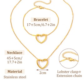 XSDSLS 2 Piece Heart Jewellery Set for Women Stainless Steel Curb Chain Bracelet Necklace with Heart Pendant Gold Silver Open Heart Necklace Bracelets Adjustable Chain Gift for Girls Women, Stainless