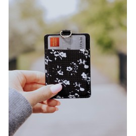 Slim Zario Keychain Wallet Lanyard - Minimalist RFID Card Holder Keychain for Women, Black Floral