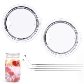 3-inch Wide Mouth Mason Jar Lids with Glass Straw, Compatible with Ball 16oz or 32oz Wide Mouth Mason Jar, Reusable Mason Jar Lids with Straw Hole, mason jar straw lids, 2 Pack (Jar Not Included)