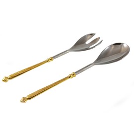 Server Set, Flatware, Serving Spoon and Fork, Carved, 2-piece 18/10 Stainless steel with brass handles (gold finish)