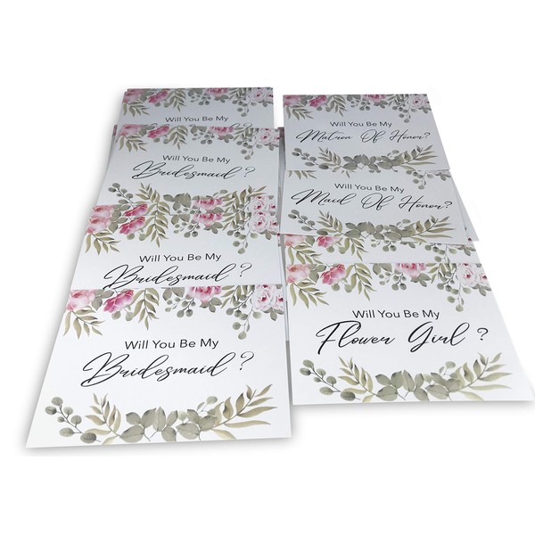 Bridesmaid Proposal Cards (Set of 16) Includes Envelopes. 10 Will You Be My Bridesmaids, 2 for Matron of Honor, 2 for Maid of Honor & 2 for Flower Girls. Watercolor Flower Style Cards for Asking Brid