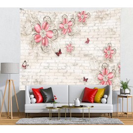 Loccor 7x5ft Fabric Brick Wall Tapestry Pink Crystal White Wall Tapestry Wall Hanging Vintage Polyester Print Wall Covering for Kids Adults Bedroom Living Room Dorm Home Aesthetic Decor Background