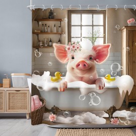 Newsely Funny Pig Shower Curtain 60"W x 72"L Inch Farmhouse Rustic Farm Animal in Bathtub Cute Western Country Shower Curtain Bathroom Set Pink Floral Waterproof Bath Decoration Accessories Home Decor