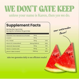 Natural Tanning Gummies with Astaxanthin 24mg, Lycopene 50mg & Beta Carotene 7500mcg – Skin Health & Glow Support Supplement – Watermelon Flavor – 60 Gummies