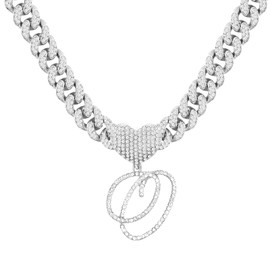 PTJDSMF Cursive Silver Initial Pendant Necklaces Alphabet Pendant Miami Cuban Link Chain Necklace for women Hip Hop Iced Out Letter Chain with Pendant Jewelry … (Cuban Link Chain O)