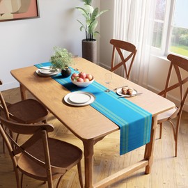 Encasa XO Dining Table Runner | Yarn Dyed Fine Ribbed Cotton | Size 32x150 cm | Ladder Turq Blue | Machine Washable
