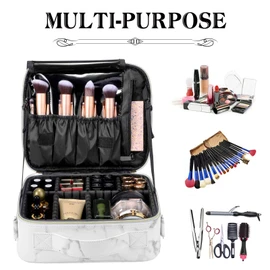Oewoer - Estuche de maquillaje de viaje, bolsa de maquillaje grande de 16 pulgadas, estuche profesional con correa ajustable, caja de maquillaje de piel para rizador de pelo, cepillo para polvo alisador de cabello y cosmético, Mármol Blanco, S