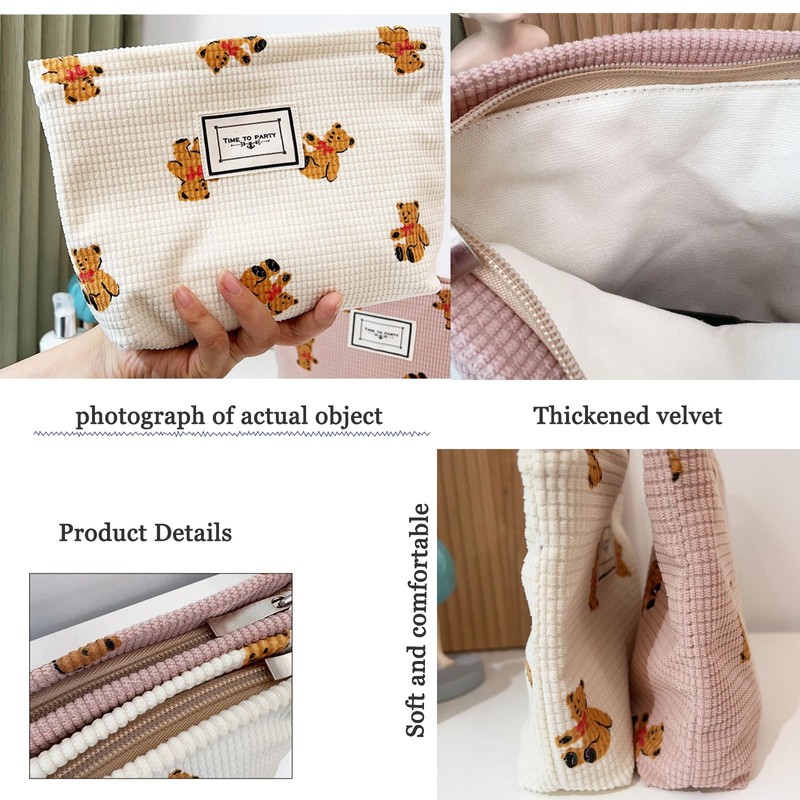 Gidary Cosmetic Bag Makeup Bag Preppy Cute Teddy Bear Corduroy