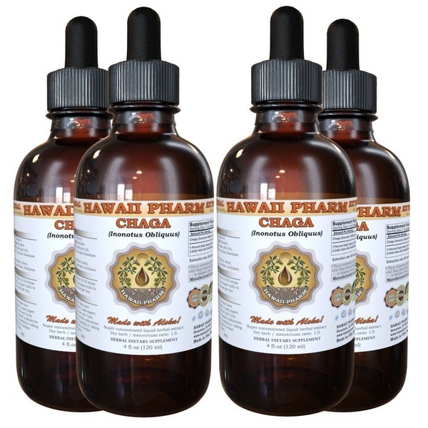 HawaiiPharm Chaga Liquid Extract, Chaga (Inonotus obliquus) Tincture Supplement 4x4 oz