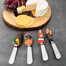 Supreme Housewares Cheese and Butter Spreader Knives Thanksgiving Decor 4-Piece Hand Painted Resin Handle with Stainless Steel Blade Multipurpose Cheese Spreader set (Harvest)