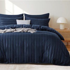 Tifschlaf Double Duvet Cover Set Blue - Satin Stripe Double Bed Cover Set with 2 Pillowcases - Soft Microfiber Quilt Bedding