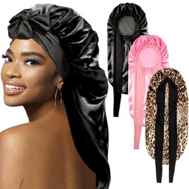 3Pcs Bonnets for Black Women Braid Bonnet, Large Long Satin Bonnet for Braids Sleeping, Black Women Satin Silk Bonnet with Stretchy Tie Band Sleep Bonnet Cap for Hair (3Pcs-Black & Pink & Leopard)