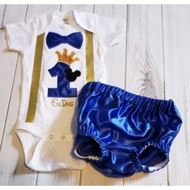 1st 2nd Mickey Birthday Royal Blue and Gold prince king onesie bodysuit & diaper cover