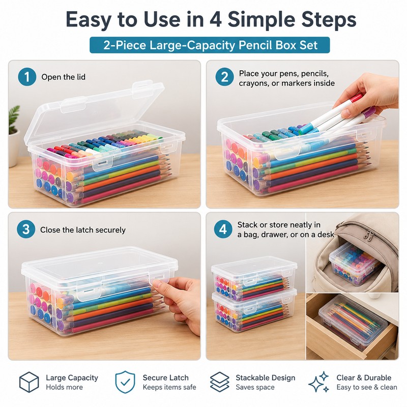 2-Pack Transparent Pencil Boxes for Art & School Supplies –