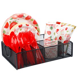 Paper Plate Organizer with Handle, Metal Utensil Caddy with 6 Compartments for Countertop, Silverware Paper Plate Holders for Party, Camping, Picnic