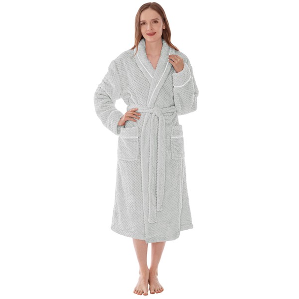 PAVILIA Women Plush Fleece Robe, Light Grey Soft Textured Bathrobe, Lady Cozy Spa Long Robe, Fuzzy Satin Waffle Trim, S/M
