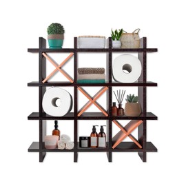 Rustic Tic-Tac-Toe Toilet Paper Holder for Bathroom – Rustic Storage Shelves for Toilet Tissue in Distressed White Color – Freestanding or Wall Mount Bath Shelves for Your Farmhouse Decor