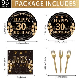 EMrups 96PCS 30th Birthday Party Plates Set Black and Gold Theme Decorations Include Black Gold Plates and Napkins Forks for 30 Year Old Men Women Birthday Party Supplies Serves 24 Guests