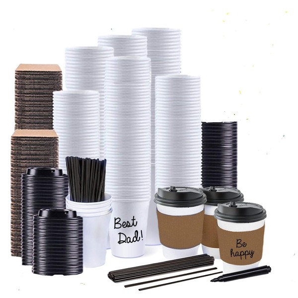 12oz White Disposable Coffee Cups with Leak-Proof Lids. 130-Pack. Hot and Cold Beverage Drinking Cups. Jumbo Set of Paper Cups, Lids, Heat Resistant Sleeves and Stirrers. For Home, Office or On The Go