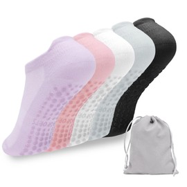 EOAMGO 5 Pairs Yoga Socks for Women Non Slip, Anti-Slip Grip Socks Pilate with Storage Bag, Grippy Socks Women for Yoga, Pilates, Barre, Home, Hospital UK 4-6