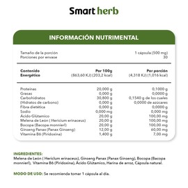 Smart Herb Focus GMB, Suplemento con Ginseng, Melena de León y Bacopa, 30 Cápsulas de 500mg