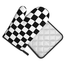 Lukbfall Black White Checkered Print Oven Mitts and Pot Holders 2 Pcs Set Checkerboard Oven Glove and Potholder Suitable for Barbecues Baking Cooking Microwave