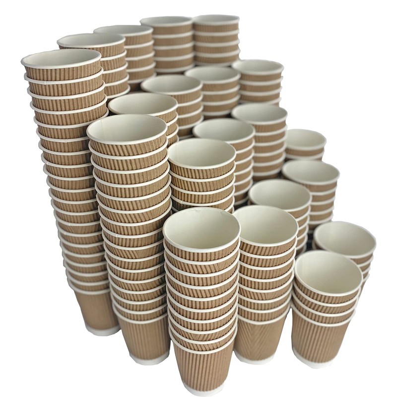 KRUCHI 250 X 12oz Disposable Kraft Ripple Paper Cups for
