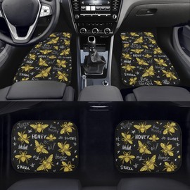 YINGQIGUAN Golden Bee Car Floor Mats Carpet Universal Honey Bee with Queen Crown Gold and Black Background Floor Mats for Cars Vehicle Front Rear Rugs Cute Insect Print Car Accessories for Trucks