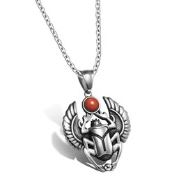 Egyptian Jewelry - Scarab Necklace - Spiritual Protection Amulet - Unique Mysterious Beetle with Round Crystal - Ancient Powers Sacred Goddess Energy Pendant - Antique Finish Talisman - Red Jasper