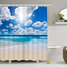 X-Labor Beach Motif Shower Curtain Waterproof Fabric Anti-Mould Includes 12 Shower Curtain Rings Washable Bath Curtain 180 x 200 cm Pattern-F