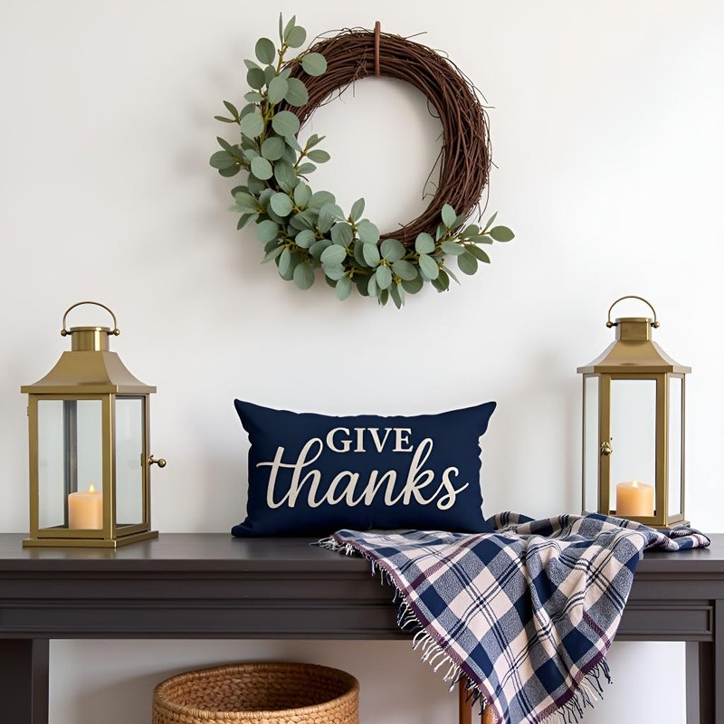 Decorative Throw Pillow Cover 12x20 Inch Give Thanks, Navy Blue