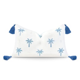 Hofdeco Premium Coastal Hampton Style Patio Indoor Outdoor Lumbar Pillow Cover Only, 12"x20" Water Resistant for Backyard, Couch, Baby Blue Embroidered Palm Tree Tassel