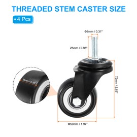 PATIKIL 2 Inch Stem Casters, 4 Pack PU Threaded Stem Caster Wheel 360 Degree Rotation M8 x 25mm for Rolling Cart Cart Wheels Furniture Replacement, Black