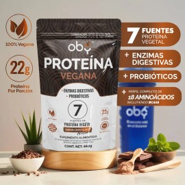 Proteina en Polvo Vegana | 7 Tipos de Proteina + Probioticos + Enzimas Digestivas | Con 18 Aminoacidos Y BCAA | 100% Vegana | Sabor Chocolate Artesanal | Sin Azúcar, Gluten Y Lactosa | Proteina Oby