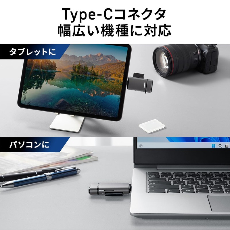 Sanwa Direct SD Card Reader, USB-C UHS-II Compatible, 2-in-1 SD