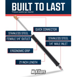McKillans® Car Pressure Washer Extension Wand - Power Washer Wand Extension for Car Wash - Short Pressure Washer Wand Replacement - Pressure Washer Accessories & Attachments - 1/4” Quick Connect Plug