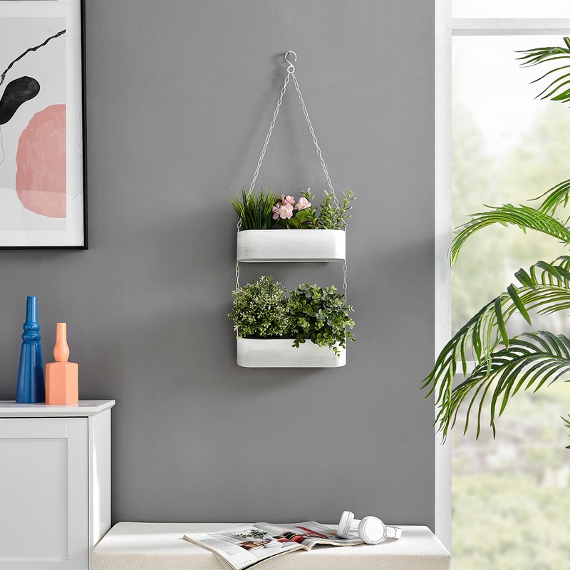 Danya B. Two-Tier Hanging White Metal Trough Wall Planter
