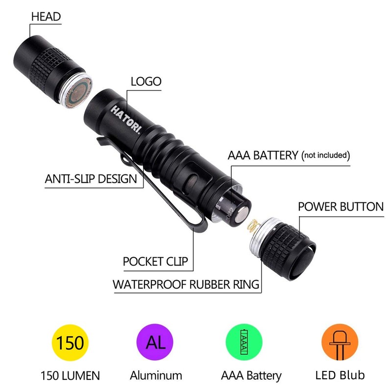 HATORI LED Mini Flashlight, Bright Small Handheld Pocket Flashlights Tactical