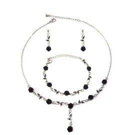 Blue Drop 3Pcs Rose Red Jewelry Red Flower Necklaces for Women Red Rose Flower Dangle Earrings Rose Bracelet Rose Gold Prom Jewelry Sets for Bride Wedding Jewelry-Black